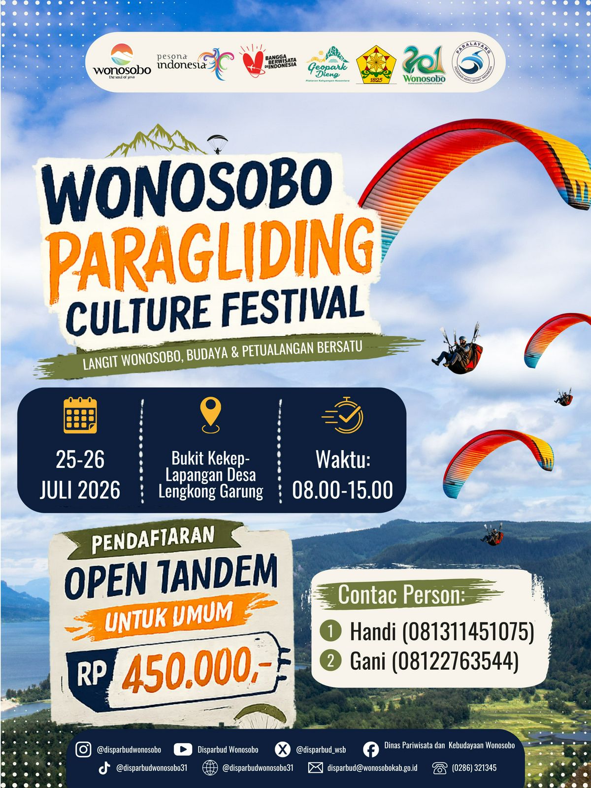 Melihat Wonosobo dari sudut pandang yang berbeda. Dari ketinggian Bukit Kekep, hamparan alam yang hijau berpadu dengan langit biru, menghadirkan pengalaman yang tak terlupakan. Wonosobo Paragliding Culture Festival 2026 menjadi momentum menikmati keindahan alam sekaligus merayakan kekayaan budaya lokal melalui sport tourism