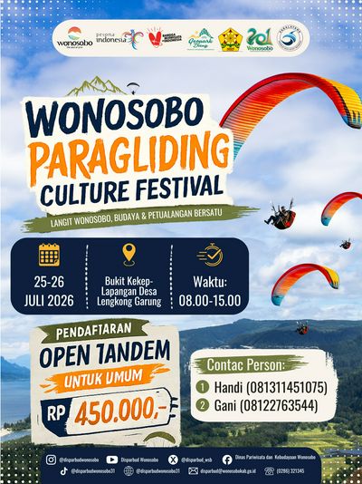 Melihat Wonosobo dari sudut pandang yang berbeda. Dari ketinggian Bukit Kekep, hamparan alam yang hijau berpadu dengan langit biru, menghadirkan pengalaman yang tak terlupakan. Wonosobo Paragliding Culture Festival 2026 menjadi momentum menikmati keindahan alam sekaligus merayakan kekayaan budaya lokal melalui sport tourism