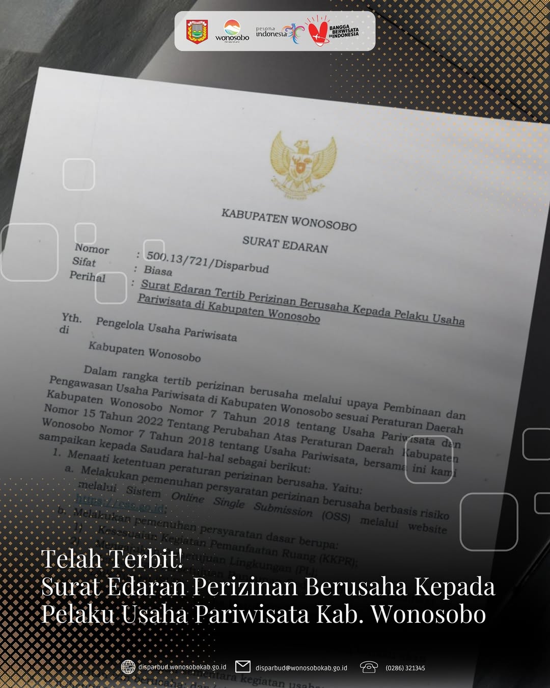 Pemkab Wonosobo Terbitkan Surat Edaran Tertib Perizinan Berusaha Bagi Pelaku Usaha Pariwisata